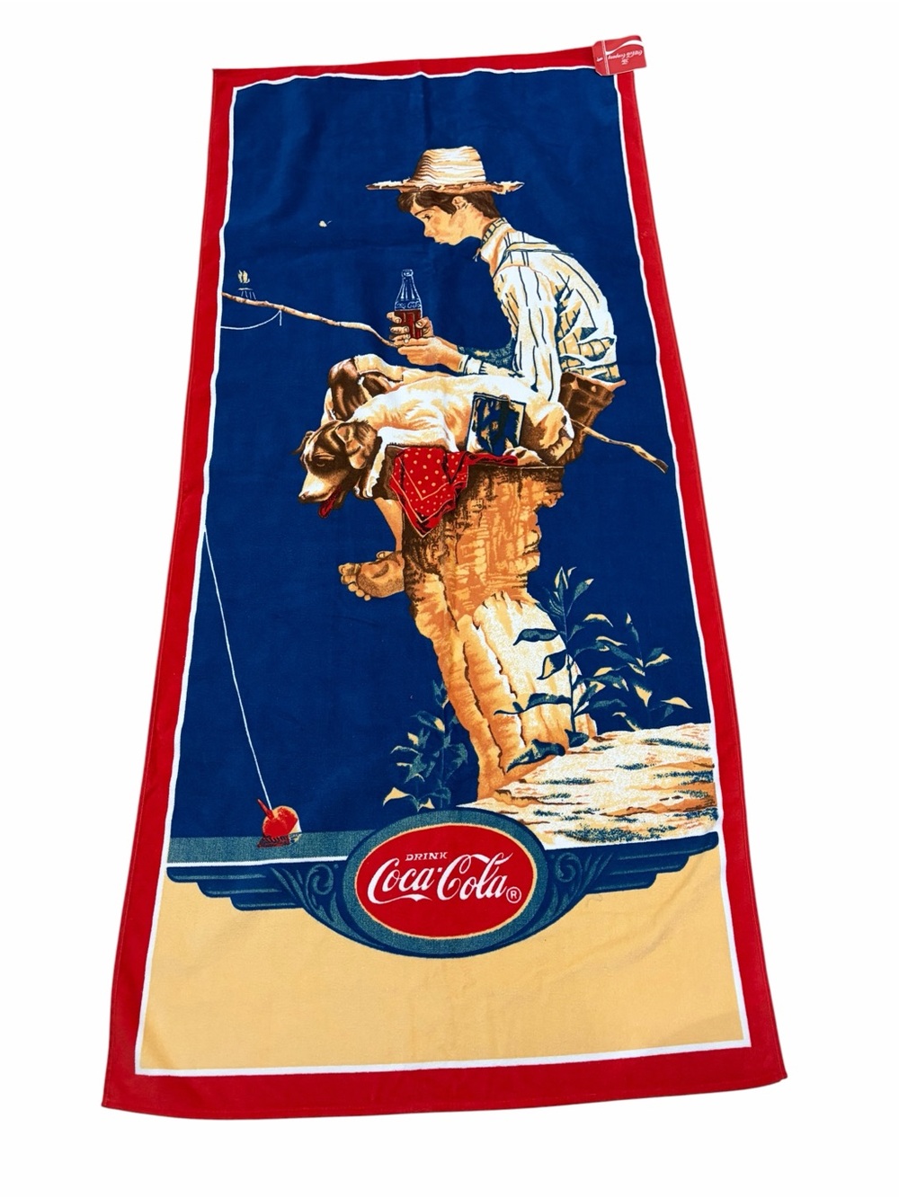 VTG NWT Coca Cola Boy Fishing With Dog Beach Towel 1989 Graphic Summer